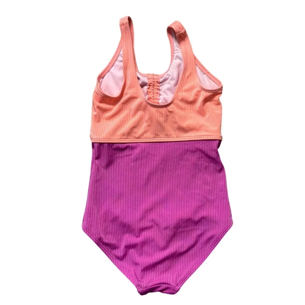 Justice Girls Coral Purple Ribbed Colorblock Cutout‎ One Piece Swimsuit Size 10